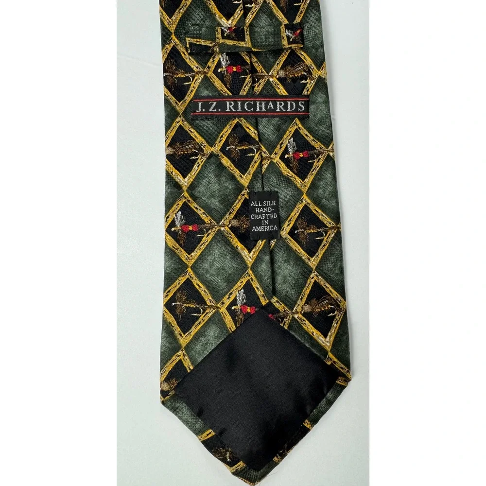 JZ Richards Mens Silk‎ Tie Green Black Diamond Fly Fishing Hand Crafted USA